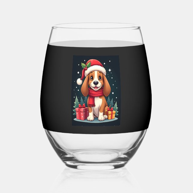 Basset Hound Dog Christmas Outfits Santa Hat Dog X Stemless Wine Glass (Front)