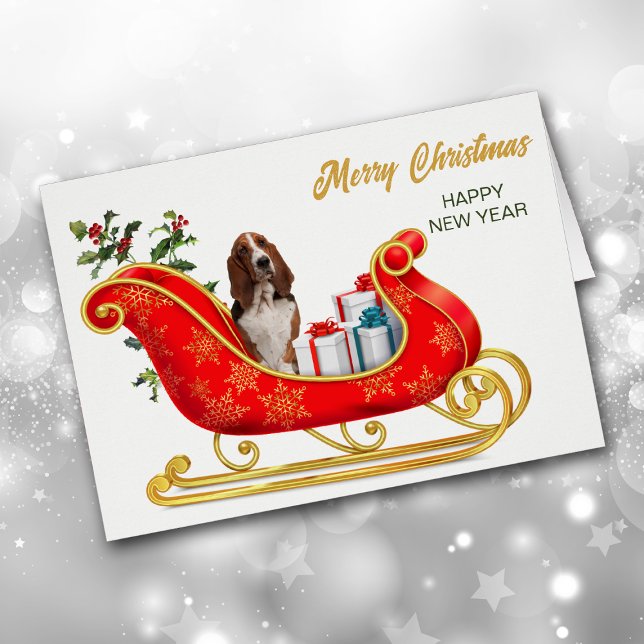 Basset Hound Dog Christmas Sleigh Card (Creator Uploaded)