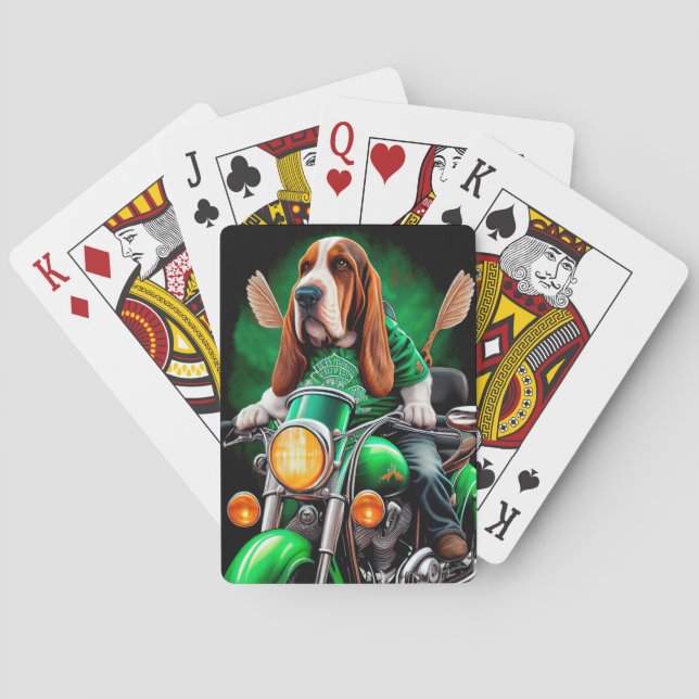  Basset Hound Dog driving bike St. Patrick's Day Playing Cards (Back)