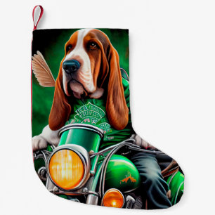 Basset Hound Dog driving bike St. Patrick's Day Small Christmas Stocking