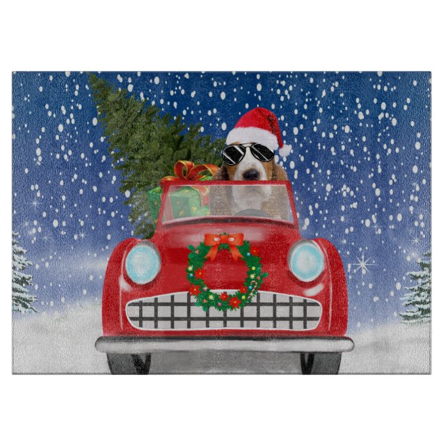 Basset Hound Dog Driving Car In Snow Christmas  Cutting Board (Front)
