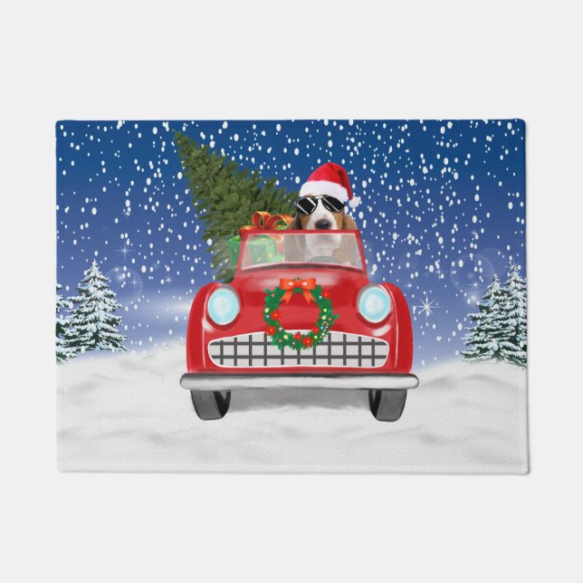 Basset Hound Dog Driving Car In Snow Christmas  Doormat (Front)