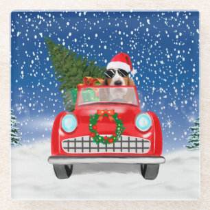 Basset Hound Dog Driving Car In Snow Christmas Glass Coaster