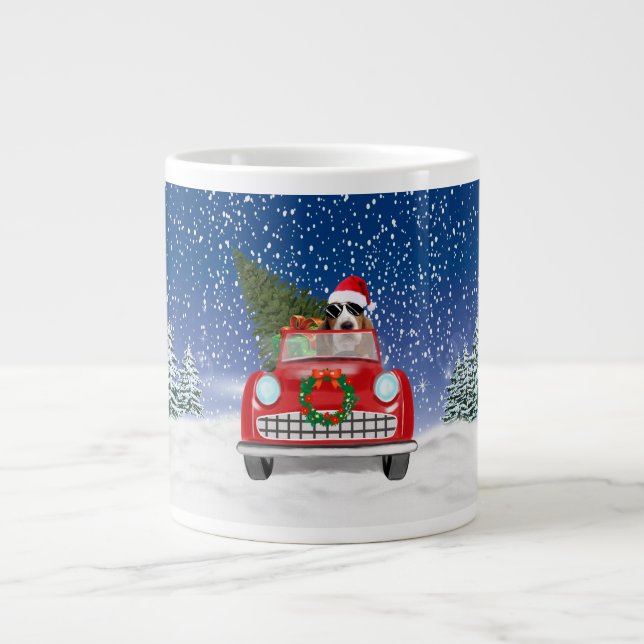 Basset Hound Dog Driving Car In Snow Christmas  Large Coffee Mug (Front)