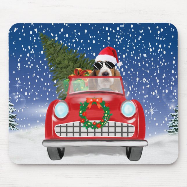 Basset Hound Dog Driving Car In Snow Christmas  Mouse Pad (Front)