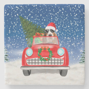 Basset Hound Dog Driving Car In Snow Christmas Stone Coaster