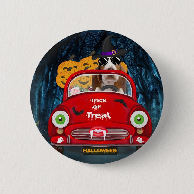 Basset Hound Dog Driving Car Scary Halloween 2 Inch Round Button (Front)