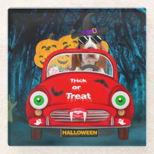 Basset Hound Dog Driving Car Scary Halloween Glass Coaster