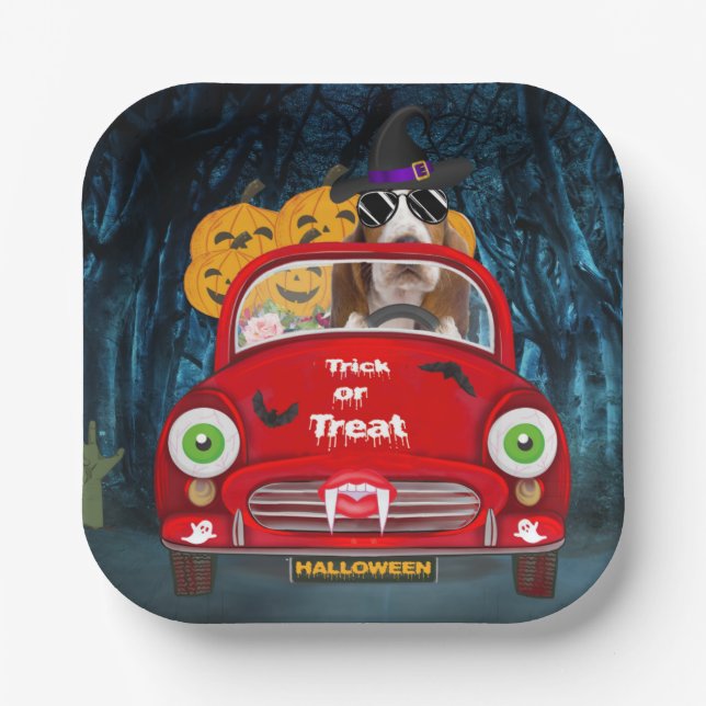 Basset Hound Dog Driving Car Scary Halloween  Paper Plate (Front)