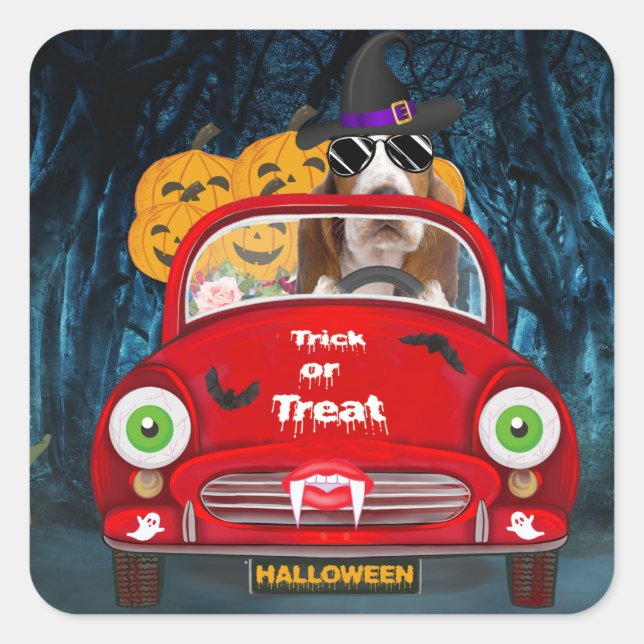 Basset Hound Dog Driving Car Scary Halloween Square Sticker (Front)