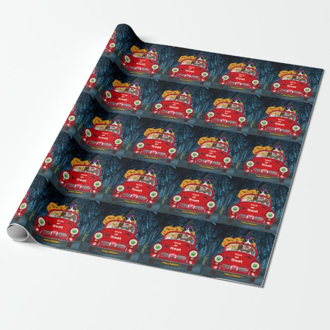 Basset Hound Dog Driving Car Scary Halloween Wrapping Paper (Unrolled)