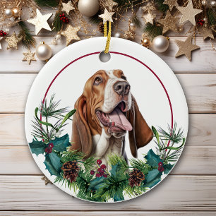 Basset Hound Dog Evergreen Wreath Ceramic Ornament