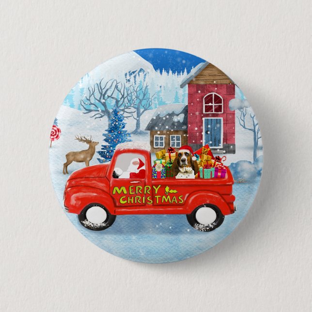 Basset Hound Dog in Christmas Delivery Truck Snow  2 Inch Round Button (Front)