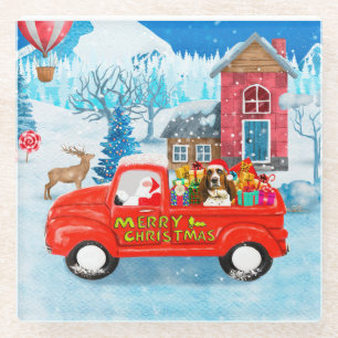 Basset Hound Dog in Christmas Delivery Truck Snow  Glass Coaster