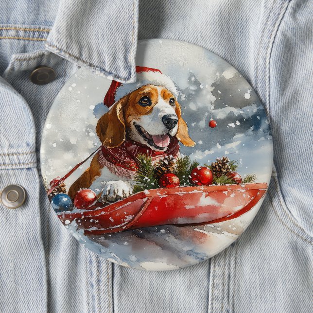 Basset Hound Dog in Sledge Let it Snow Christmas 6 Inch Round Button (In Situ)