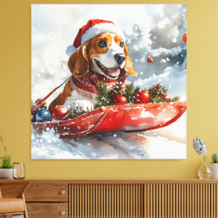 Basset Hound Dog in Sledge Let it Snow Christmas Canvas Print