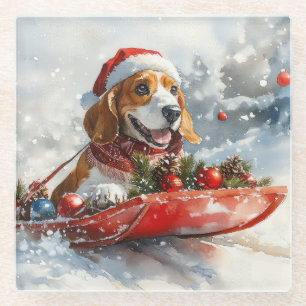 Basset Hound Dog in Sledge Let it Snow Christmas Glass Coaster