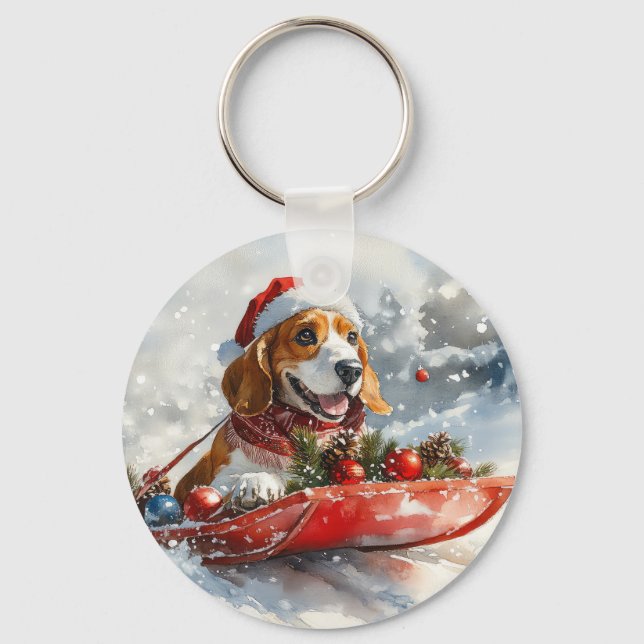 Basset Hound Dog in Sledge Let it Snow Christmas Keychain (Front)
