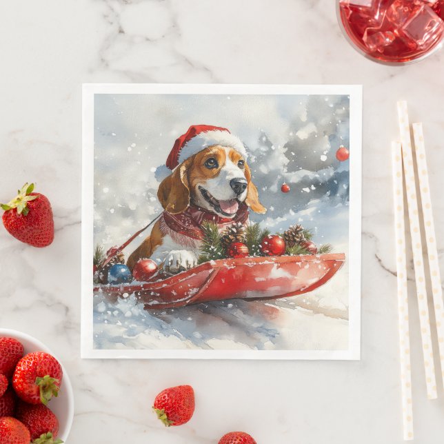 Basset Hound Dog in Sledge Let it Snow Christmas Napkin (Insitu)