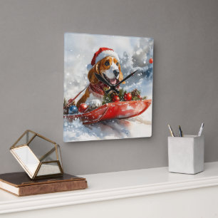 Basset Hound Dog in Sledge Let it Snow Christmas Square Wall Clock