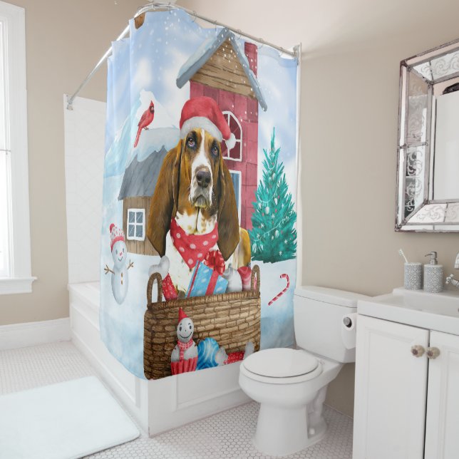 Basset Hound Dog In snow Christmas Dog House  (In Situ)
