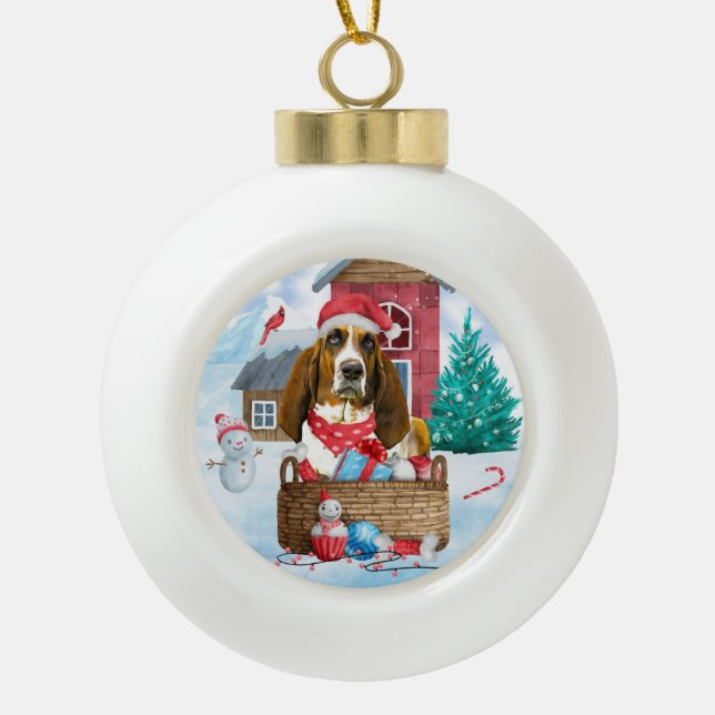 Basset Hound Dog In snow Christmas Dog House Ceramic Ball Christmas Ornament (Front)