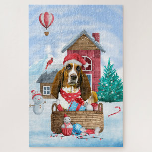 Basset Hound Dog In snow Christmas Dog House Jigsaw Puzzle