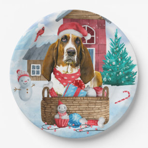 Basset Hound Dog In snow Christmas Dog House Paper Plate