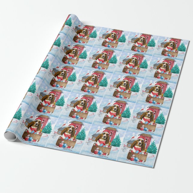 Basset Hound Dog In snow Christmas Dog House Wrapping Paper (Unrolled)