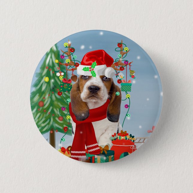Basset Hound Dog in Snow with Christmas Gifts   2 Inch Round Button (Front)