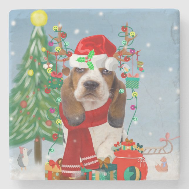 Basset Hound Dog in Snow with Christmas Gifts  Stone Coaster (Front)