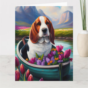Basset Hound Dog on a Paddle: A Scenic Adventure Card