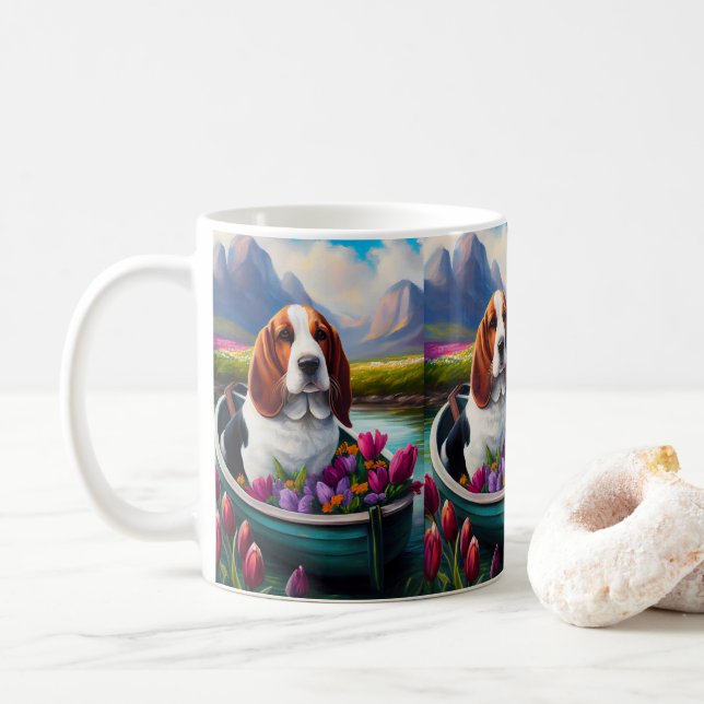 Basset Hound Dog on a Paddle: A Scenic Adventure Coffee Mug (With Donut)