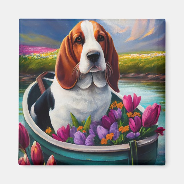 Basset Hound Dog on a Paddle: A Scenic Adventure Magnet (Front)