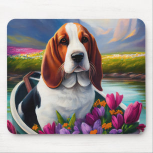 Basset Hound Dog on a Paddle: A Scenic Adventure Mouse Pad