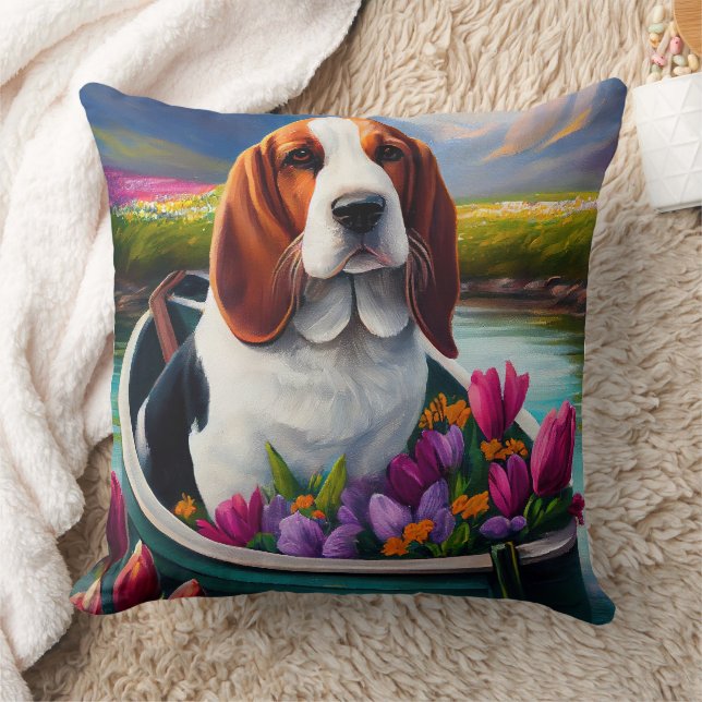 Basset Hound Dog on a Paddle: A Scenic Adventure  Throw Pillow (Blanket)