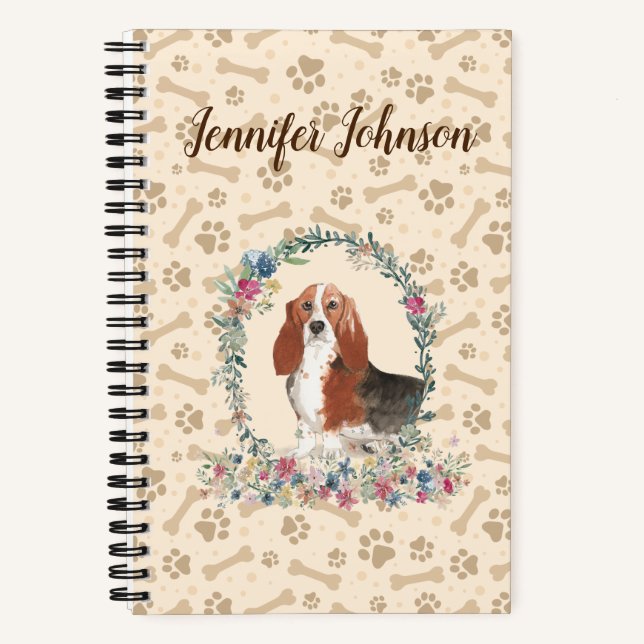 Basset Hound Dog Paw Print & Floral Cute Notebook (Front)