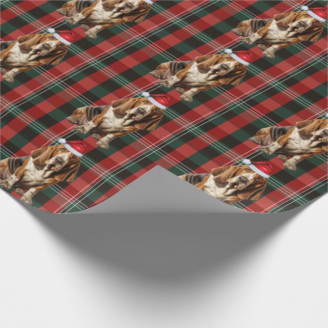 Basset Hound Dog Red and Green Plaid Christmas Wrapping Paper (Corner)