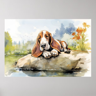 Basset Hound Dog Relaxing In Garden Animal Fun Hap Poster