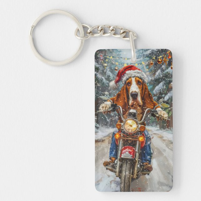 Basset Hound Dog Riding Motorcycle Christmas  Keychain (Front)