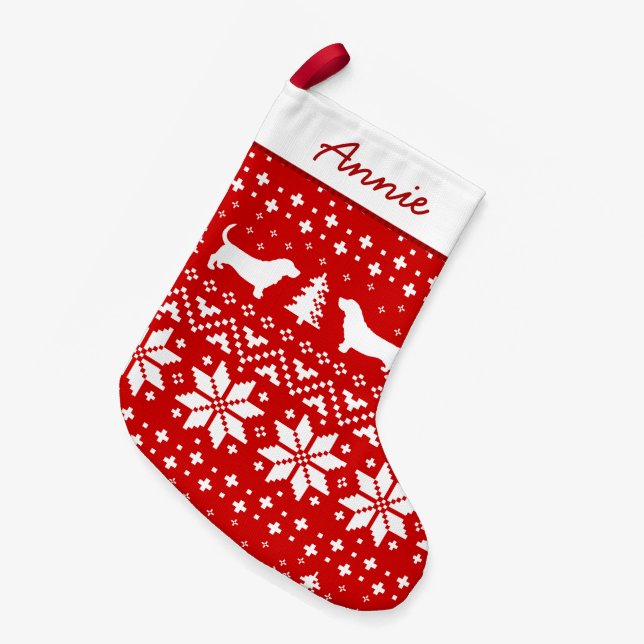 Basset Hound Dog Silhouettes Holiday Pattern Cute Small Christmas Stocking (Front (Hanging))