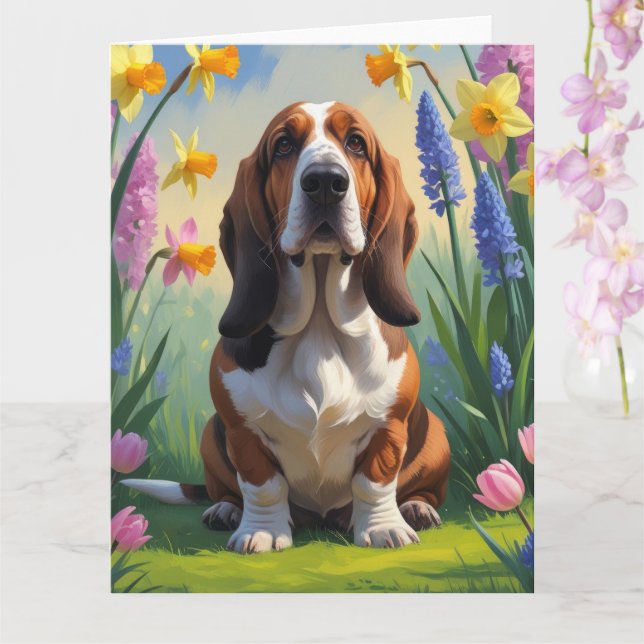 Basset Hound Dog Spring Flowers Painting  Card (Orchid)