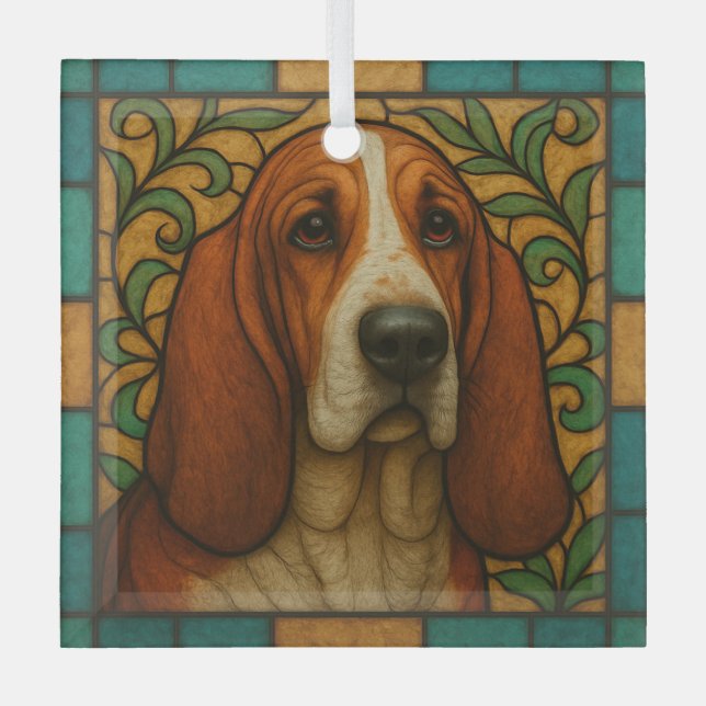 Basset Hound Dog "Stained Glass"  Glass Ornament (Front)