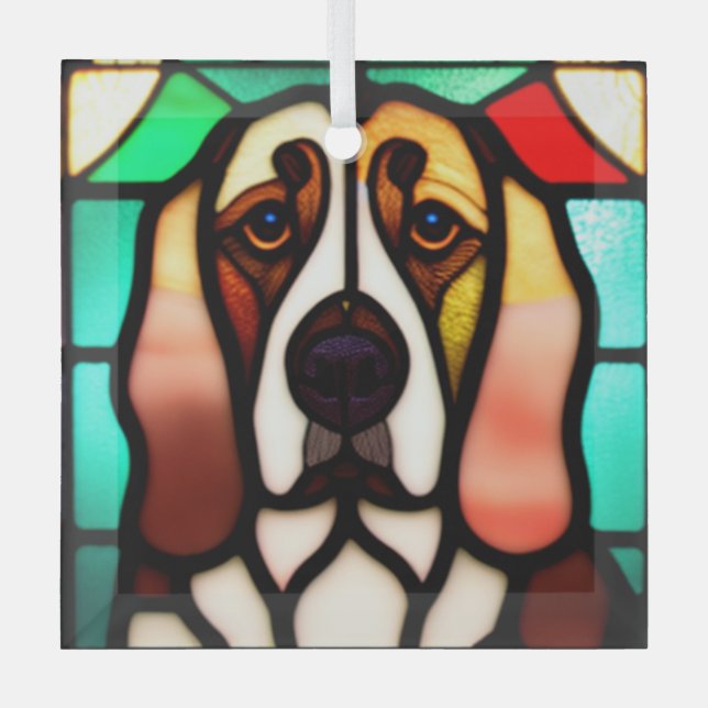 Basset Hound Dog "Stained Glass"  Glass Ornament (Front)