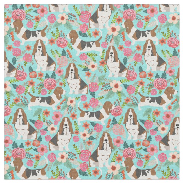 Basset Hound dog vintage florals mint Fabric (Close Up)