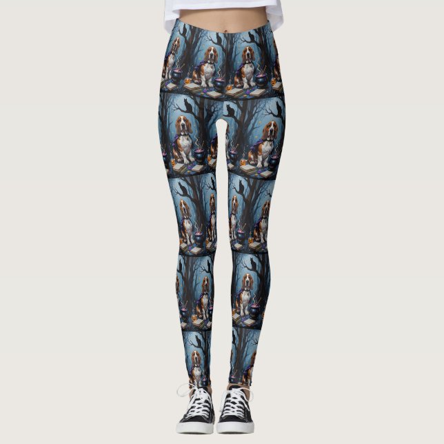 Basset Hound Dog Whimsical Halloween Painting Leggings (Front)