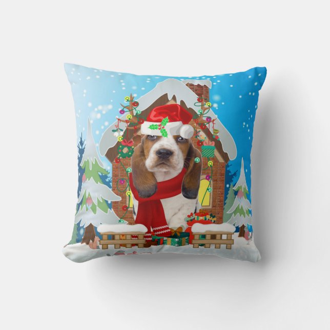 Basset Hound dog with Christmas gifts Throw Pillow (Front)