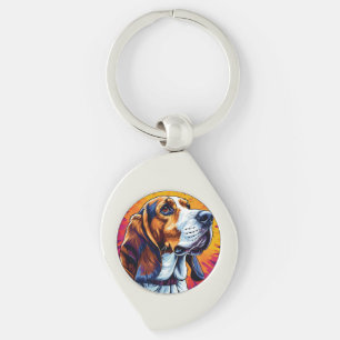 Basset Hound dog with Colourful Background Keychain