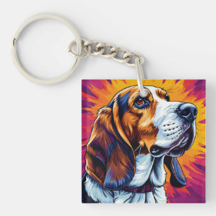 Basset Hound dog with Colourful Background Keychain