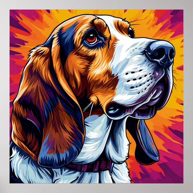 Basset Hound dog with Colourful Background Poster (Front)